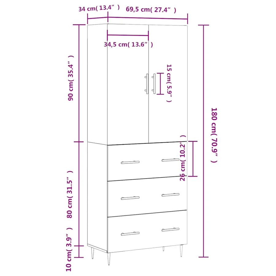 Buffet haut Sonoma gris 69,5x34x180 cm Bois d'ingénierie - 14