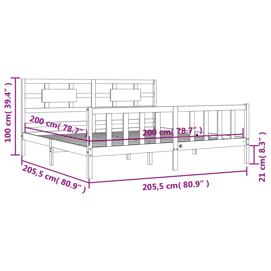 Cadre de lit sans matelas noir 200x200 cm bois massif de pin - 12
