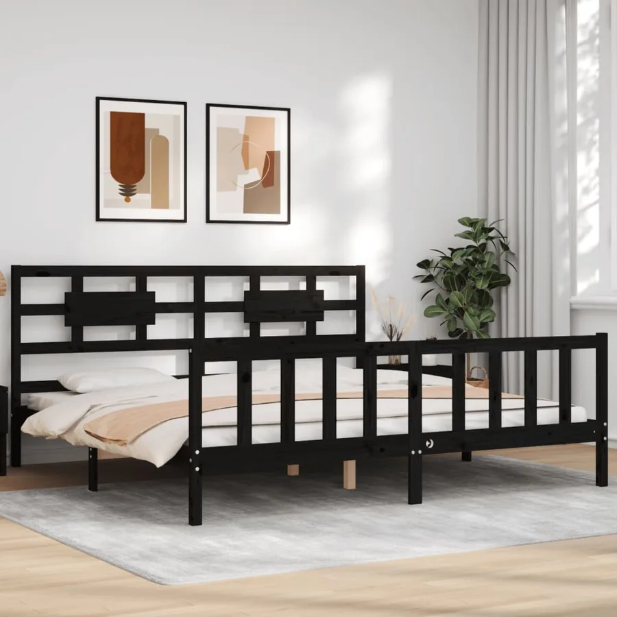 Cadre de lit sans matelas noir 200x200 cm bois massif de pin - 4
