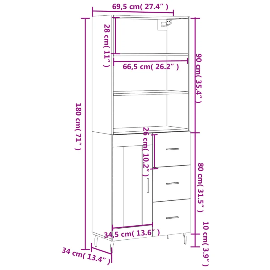 Buffet haut Blanc 69,5x34x180 cm Bois d'ingénierie - 14