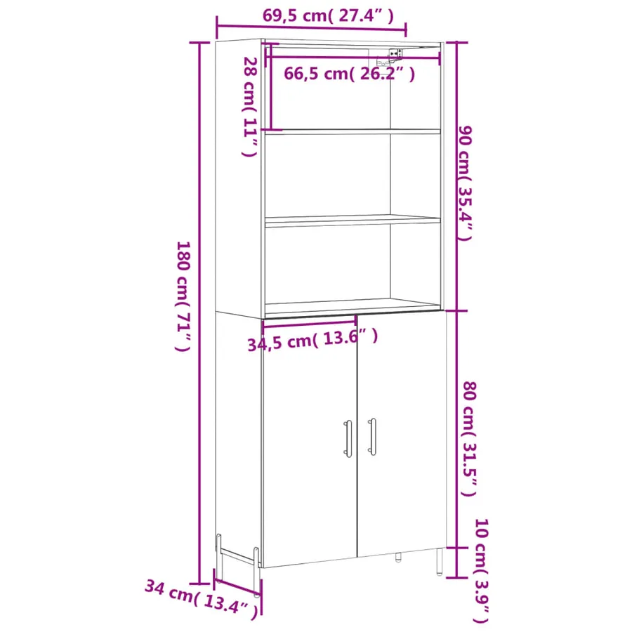 Buffet haut Blanc 69,5x34x180 cm Bois d'ingénierie - 13