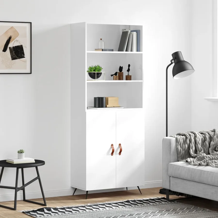 Buffet haut Blanc brillant 69,5x34x180 cm Bois d'ingénierie