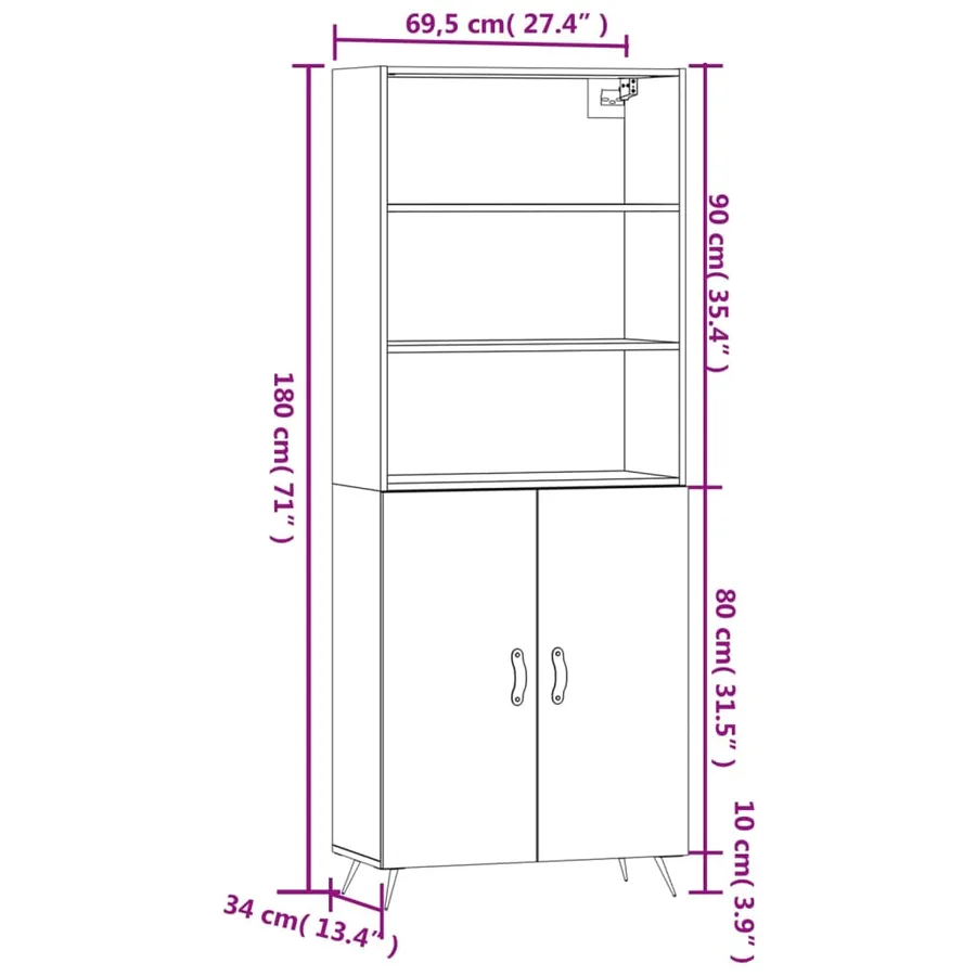 Buffet haut Blanc brillant 69,5x34x180 cm Bois d'ingénierie - 13