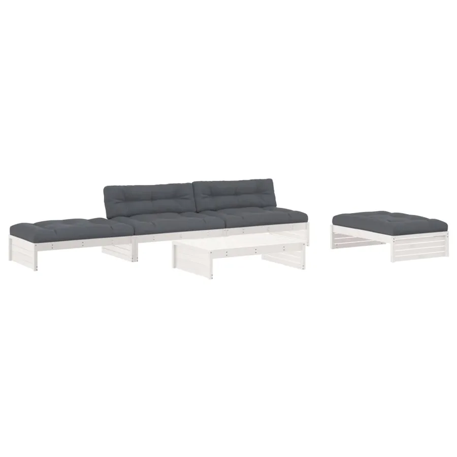Salon de jardin 5 pcs avec coussins blanc bois massif - 2
