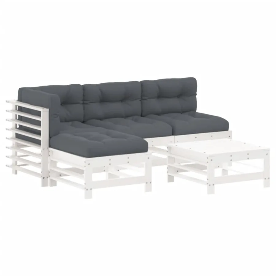 Salon de jardin 5 pcs avec coussins blanc bois massif - 2