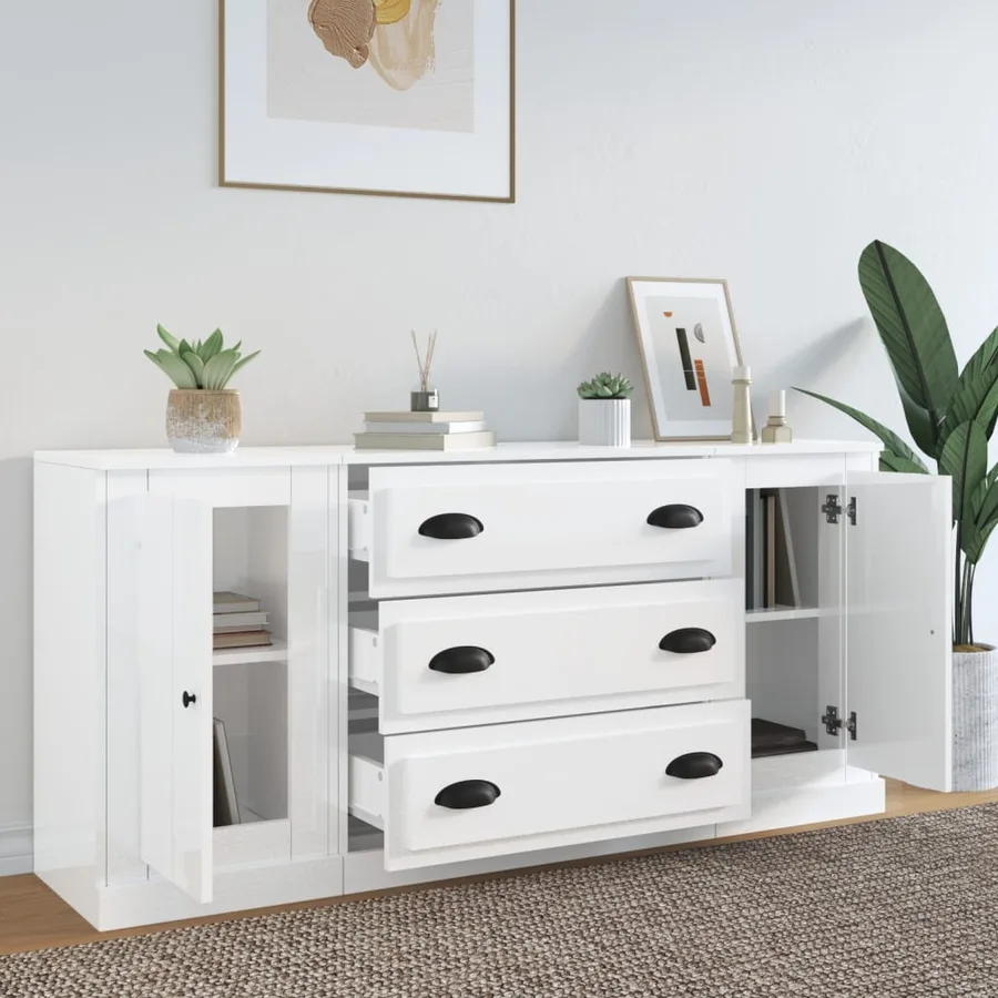 Buffets 3 pcs blanc brillant bois d'ingénierie - 3