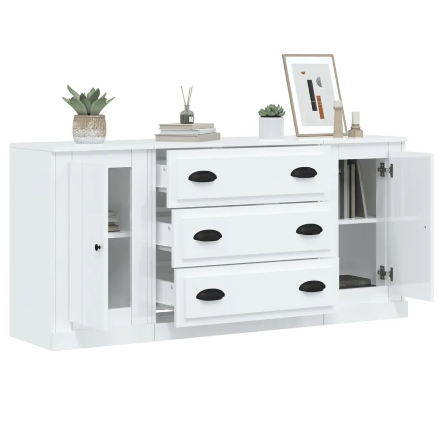 Buffets 3 pcs blanc brillant bois d'ingénierie - 4
