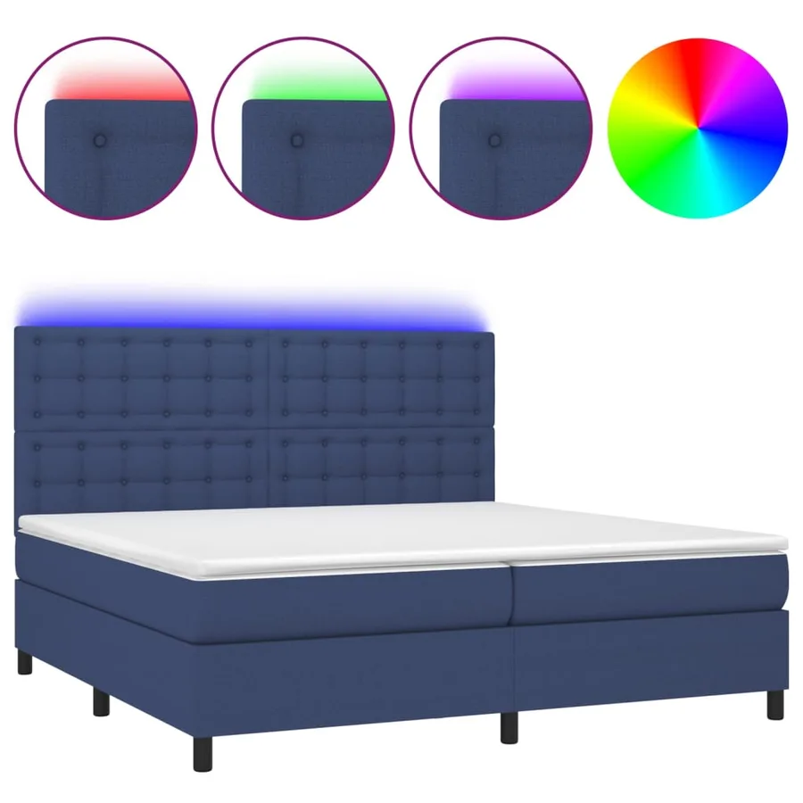 Sommier à lattes de lit et matelas et LED Bleu 200x200 cm Tissu - 2