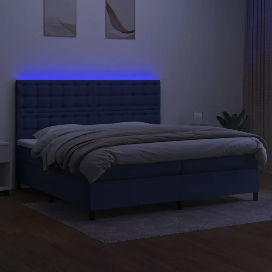 Sommier à lattes de lit et matelas et LED Bleu 200x200 cm Tissu - 4