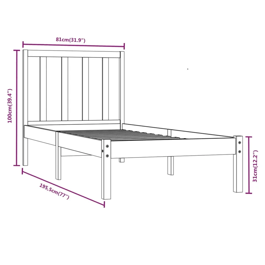 Cadre de lit sans matelas noir 75x190 cm bois de pin massif - 6