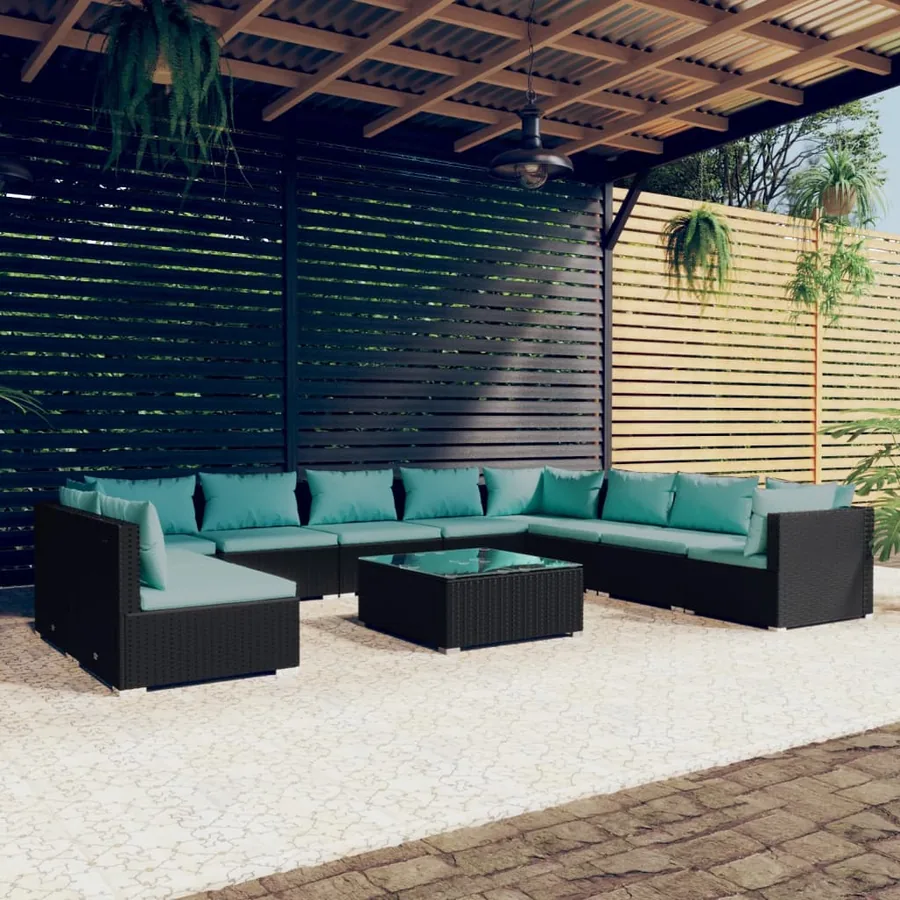Salon de jardin 11 pcs avec coussins noir résine tressée