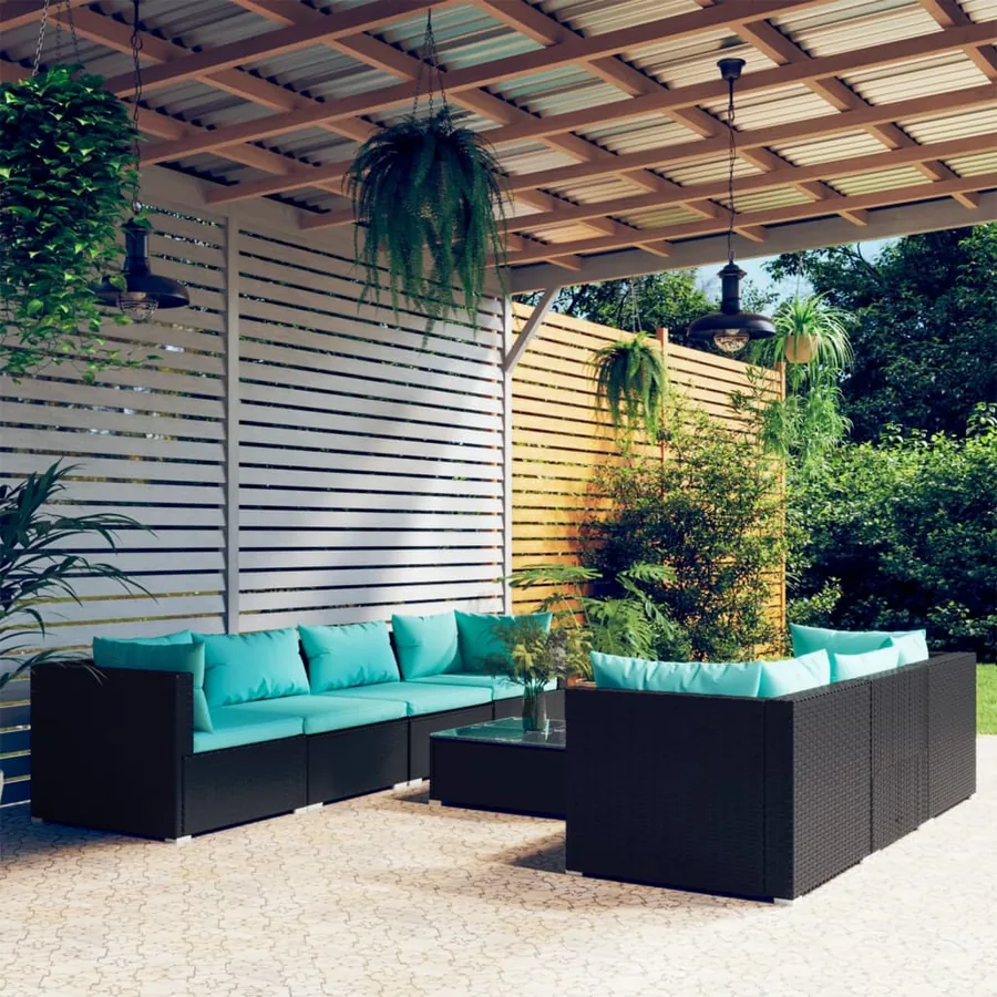 Salon de jardin 8 pcs avec coussins résine tressée noir