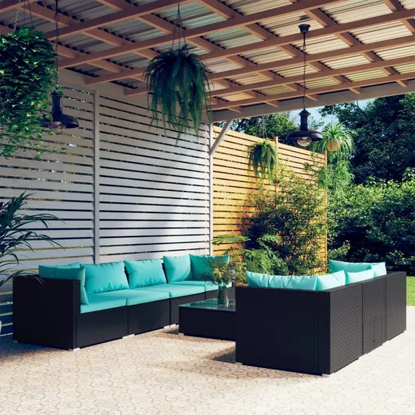 Salon de jardin 8 pcs avec coussins résine tressée noir