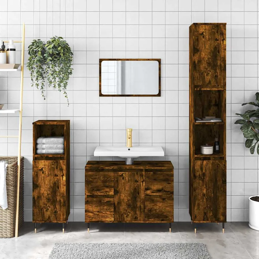 Armoire salle de bain chêne fumé 80x33x60cm bois d'ingénierie