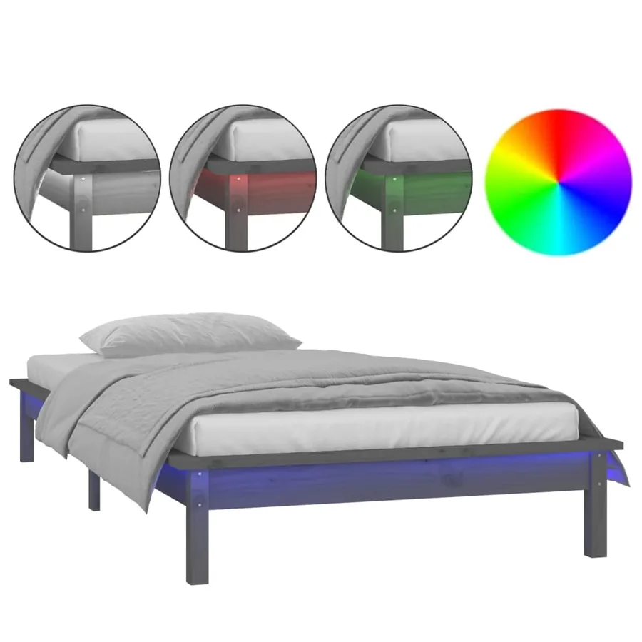 Cadre de lit à LED sans matelas gris 75x190 cm bois massif - 2
