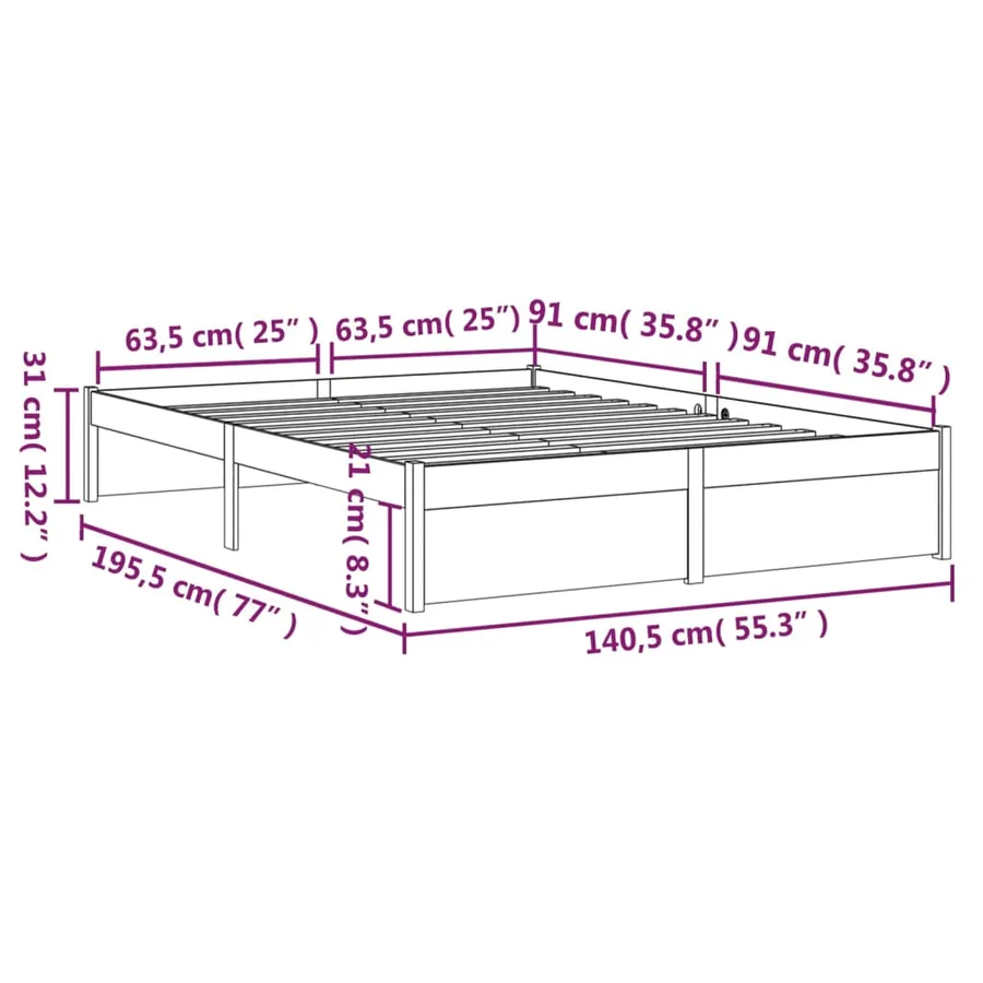 Cadre de lit sans matelas gris bois massif 135x190 cm - 8