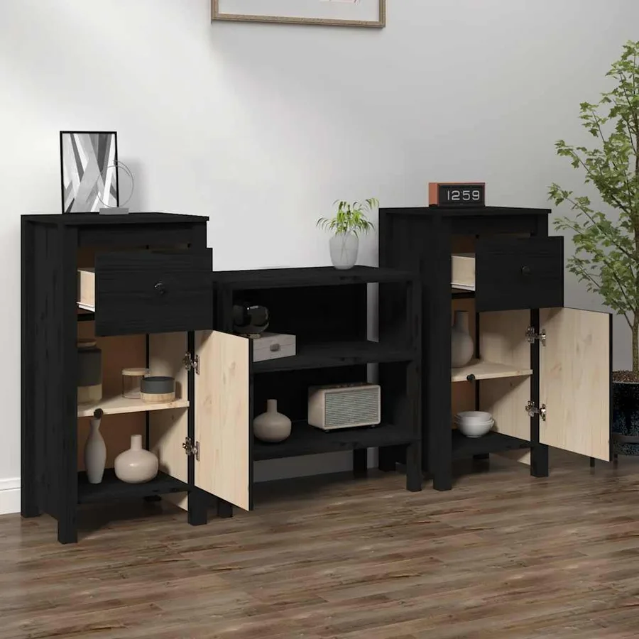 Buffets 2 pcs Noir 40x35x80 cm Bois massif de pin - 3