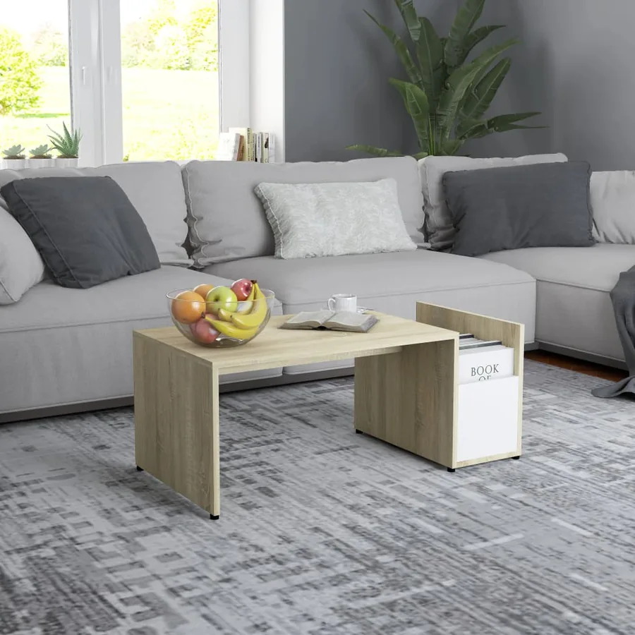 Table basse Blanc et chêne sonoma 90x45x35 cm Bois d’ingénierie