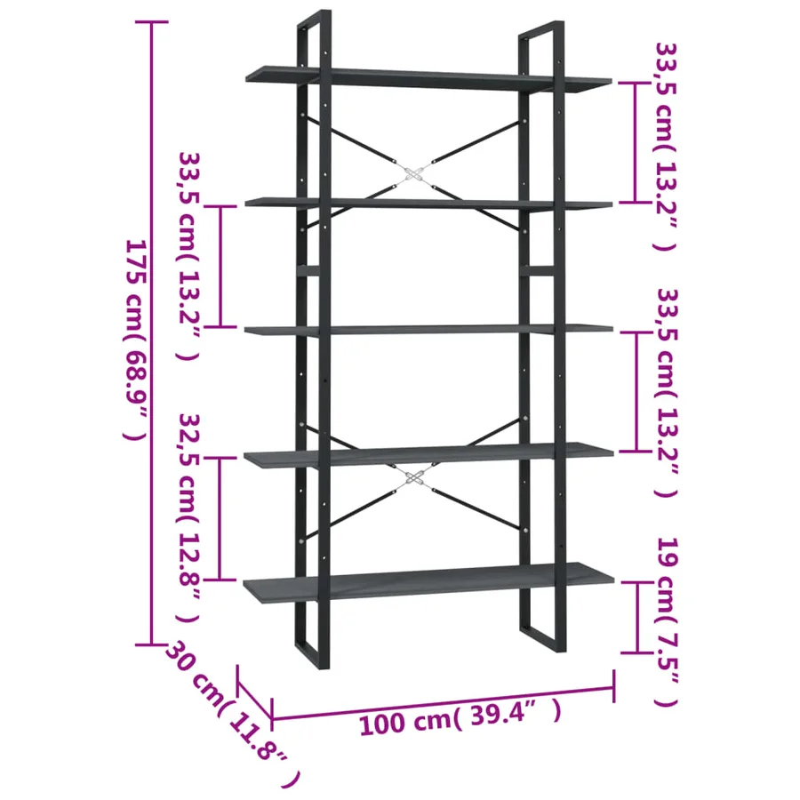 Bibliothèque à 5 niveaux Gris 100x30x175 cm Bois de pin - 5