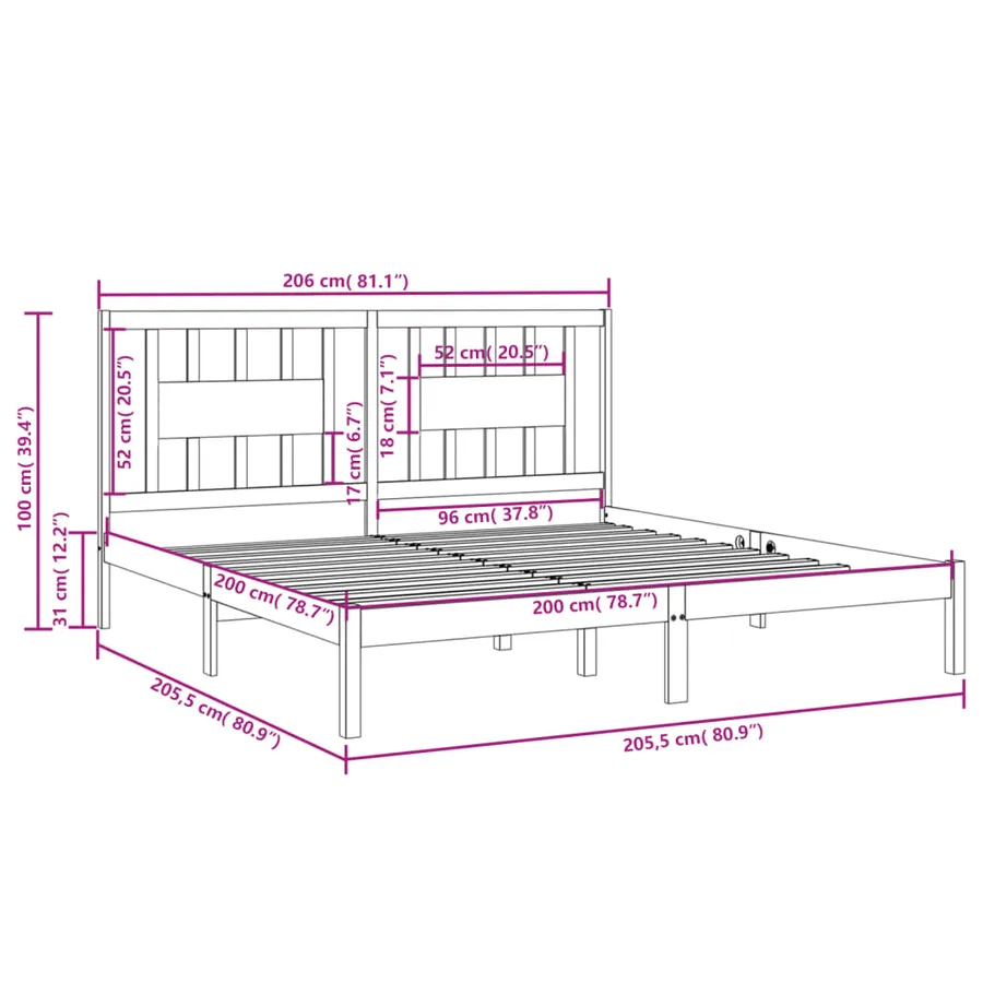 Cadre de lit sans matelas noir bois massif 200x200 cm - 6