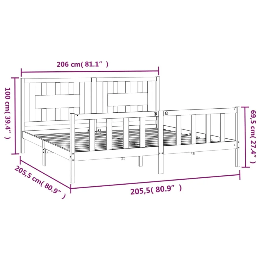 Cadre de lit sans matelas noir bois massif de pin 200x200 cm - 6