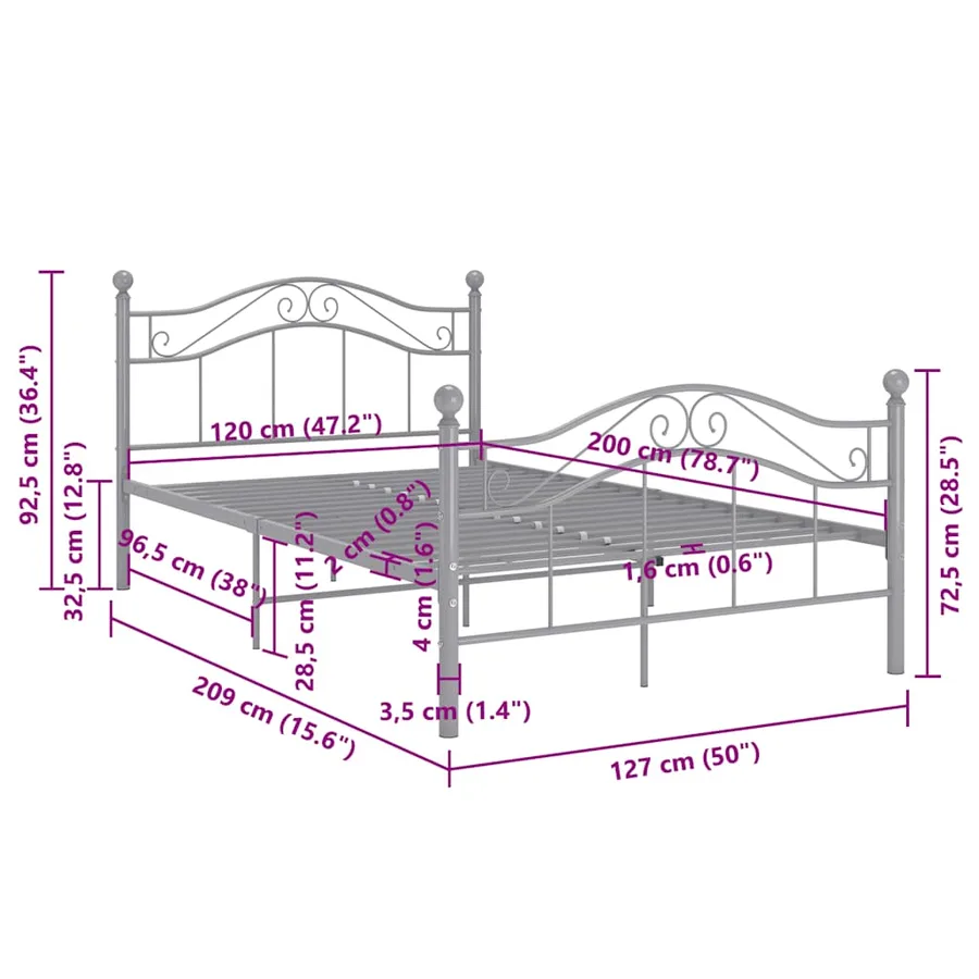 Cadre de lit sans matelas gris métal 120x200 cm - 8
