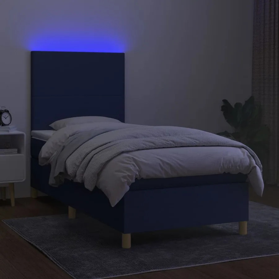 Sommier à lattes de lit et matelas et LED Bleu 100x200 cm Tissu - 4