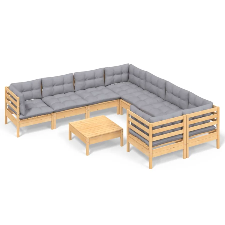 Salon de jardin 9 pcs avec coussins gris bois de pin - 2