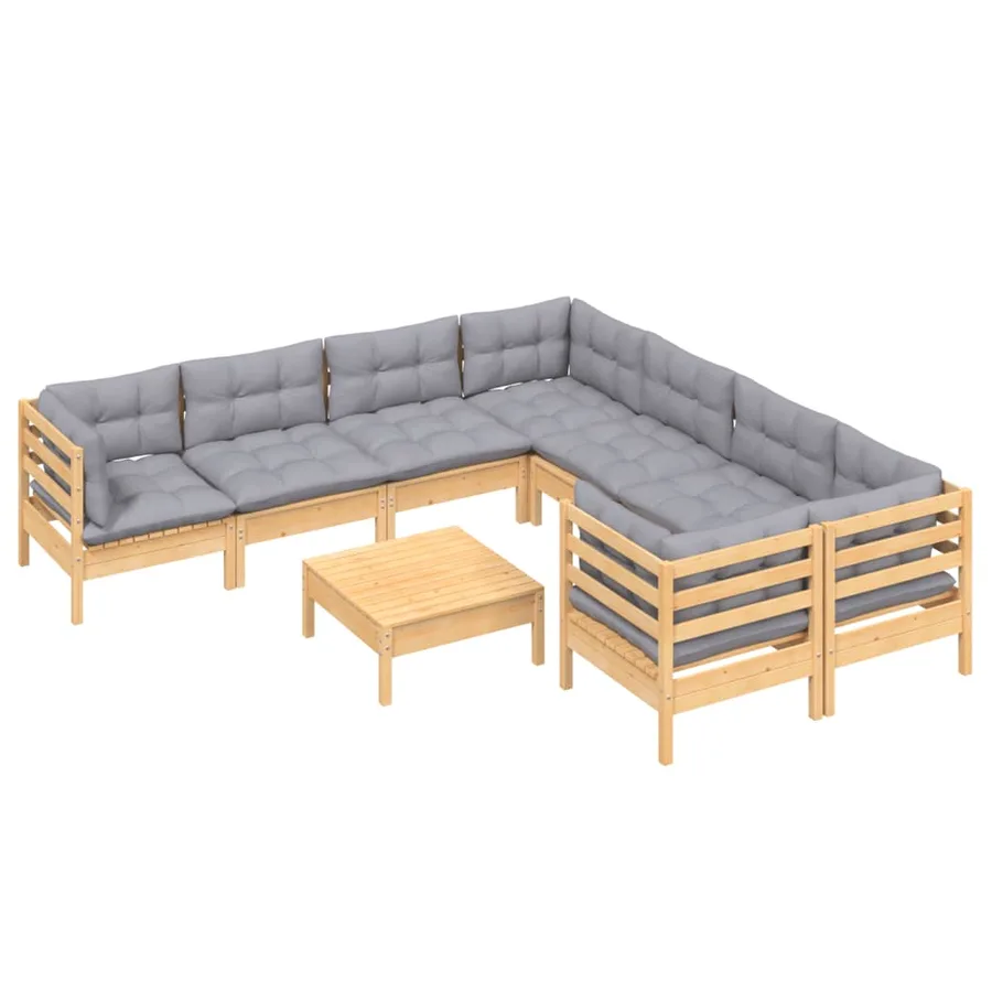 Salon de jardin 9 pcs avec coussins gris bois de pin - 3