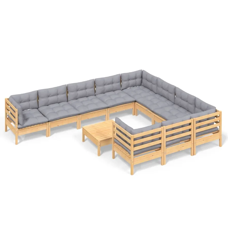 Salon de jardin 11 pcs avec coussins gris bois de pin - 2