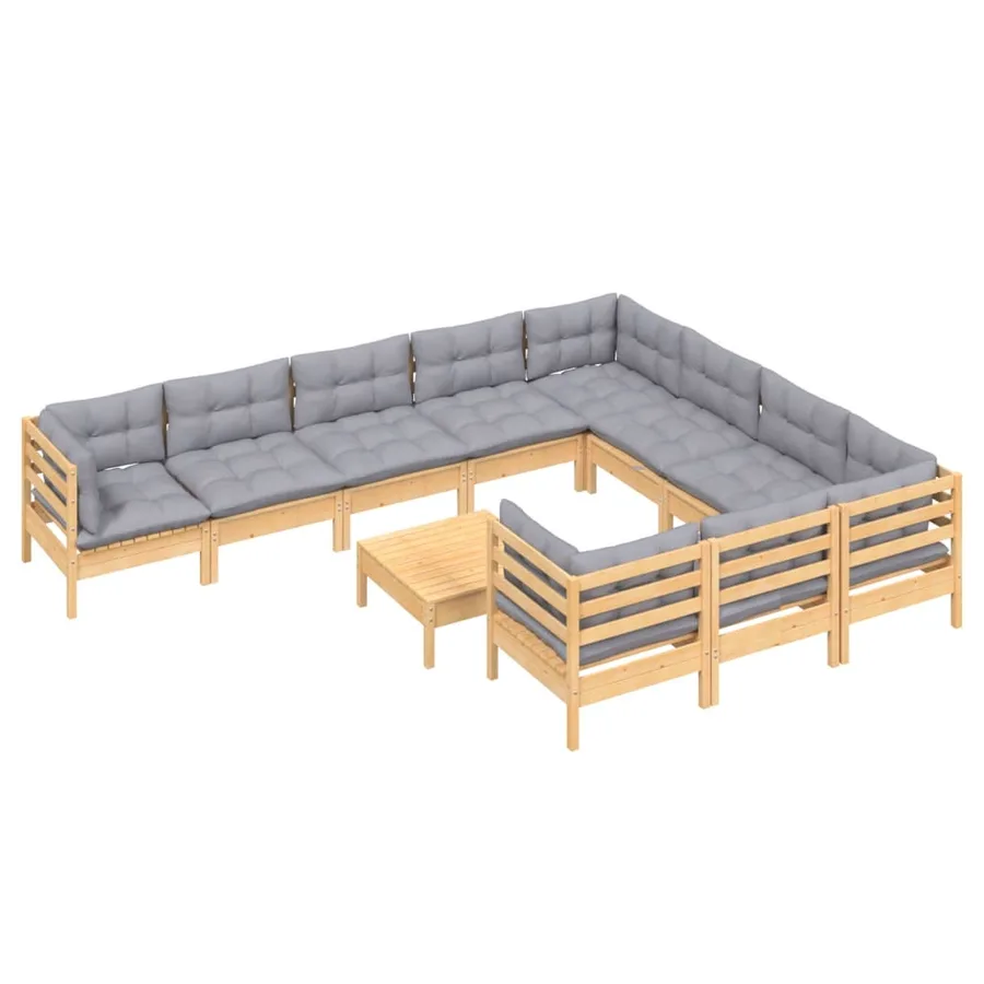 Salon de jardin 11 pcs avec coussins gris bois de pin - 3
