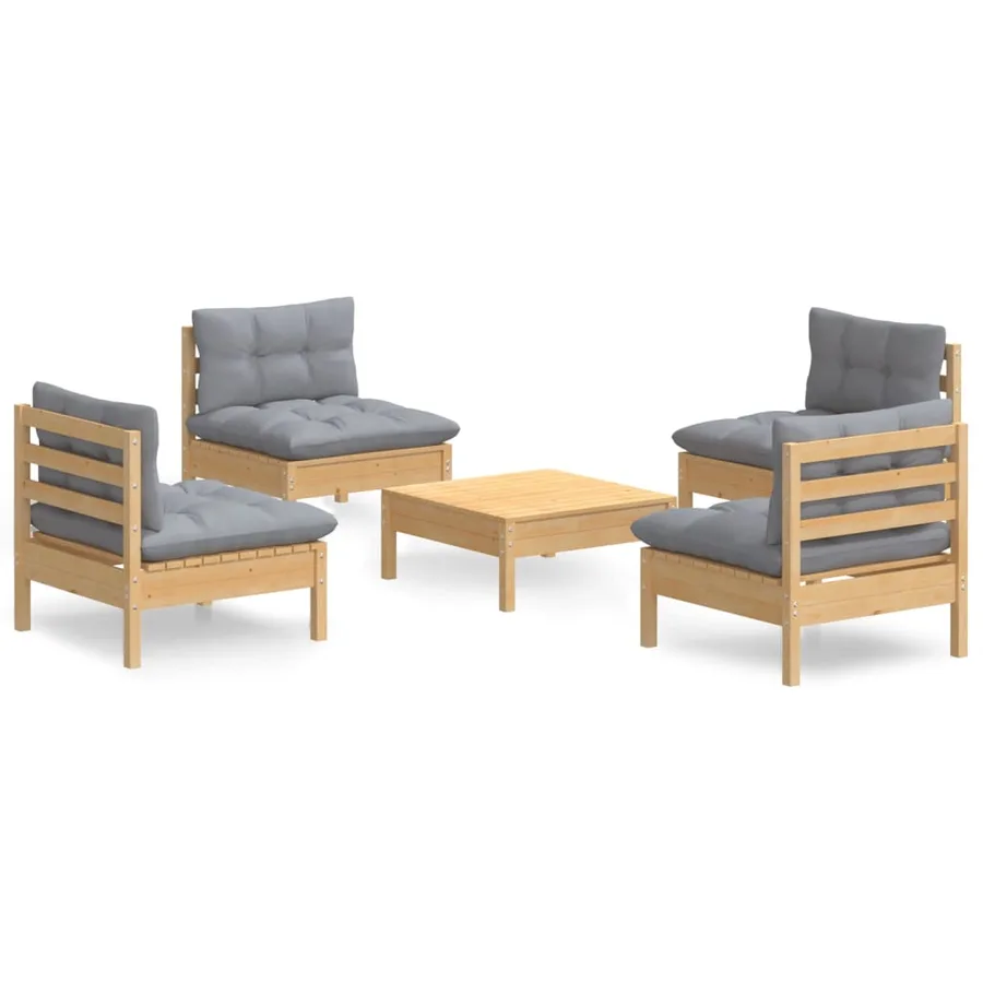 Salon de jardin 5 pcs avec coussins gris bois de pin - 2