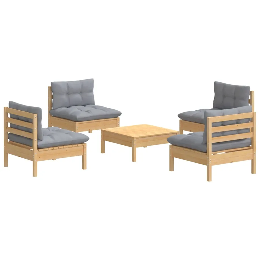 Salon de jardin 5 pcs avec coussins gris bois de pin - 3