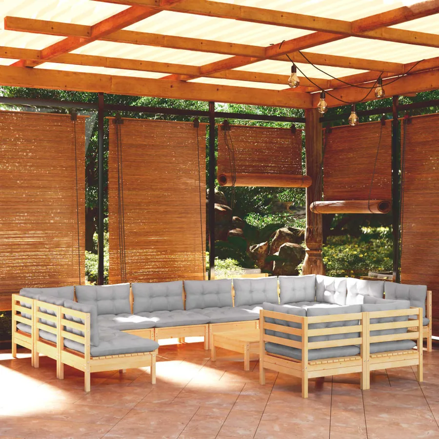 Salon de jardin 13 pcs avec coussins gris bois de pin