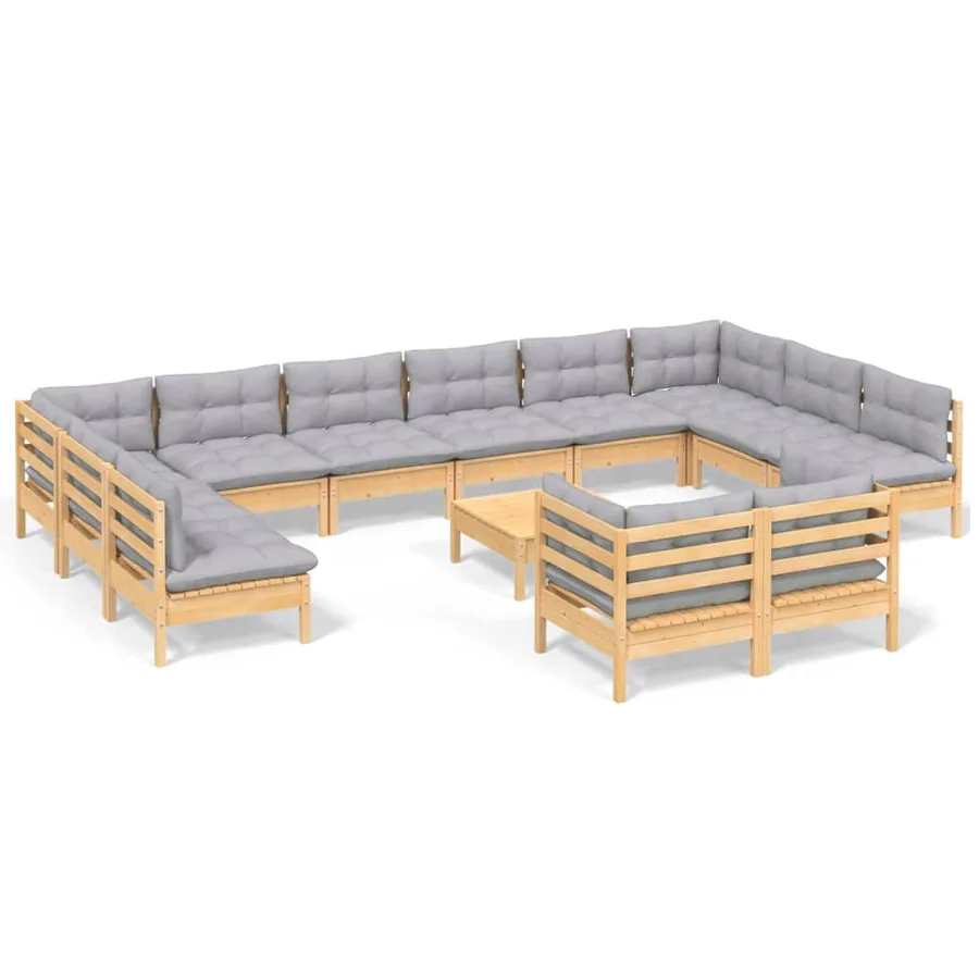 Salon de jardin 13 pcs avec coussins gris bois de pin - 2