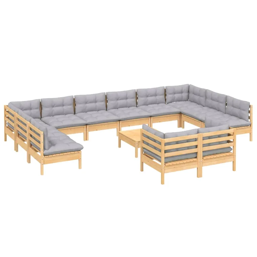 Salon de jardin 13 pcs avec coussins gris bois de pin - 3