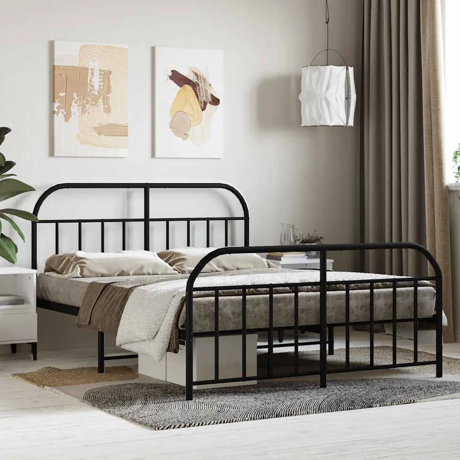 Cadre de lit métal sans matelas avec pied de lit noir 140x200cm