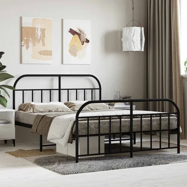 Cadre de lit métal sans matelas avec pied de lit noir 140x200cm