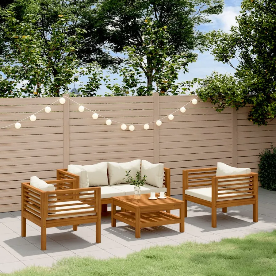 Salon de jardin 5 pcs avec coussin crème Bois d'acacia solide