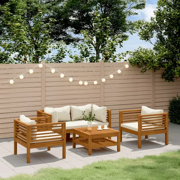 Salon de jardin 5 pcs avec coussin crème Bois d'acacia solide