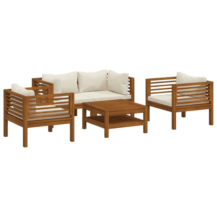Salon de jardin 5 pcs avec coussin crème Bois d'acacia solide - 2