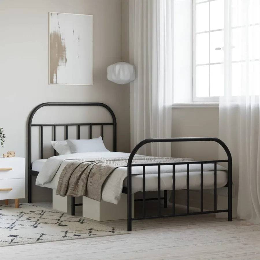 Cadre de lit métal sans matelas avec pied de lit noir 107x203cm