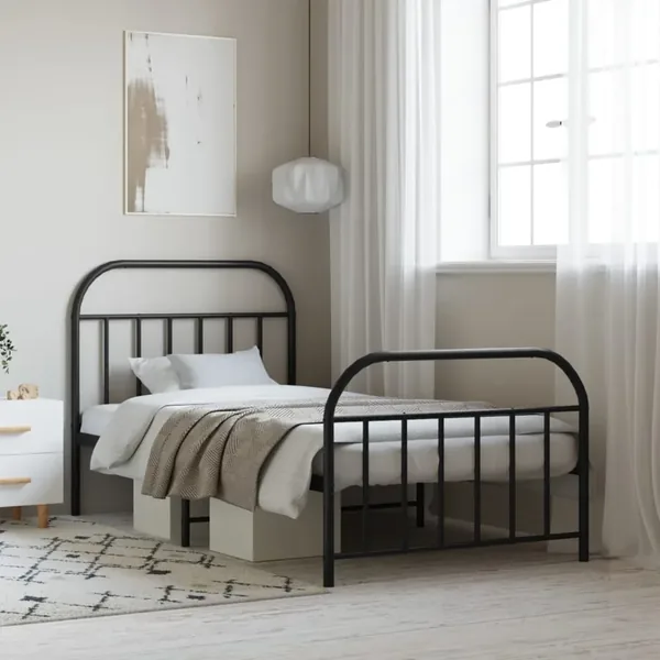Cadre de lit métal sans matelas avec pied de lit noir 107x203cm