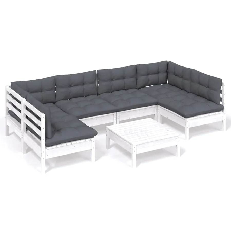 Salon de jardin 7 pcs avec coussins blanc bois de pin massif - 2
