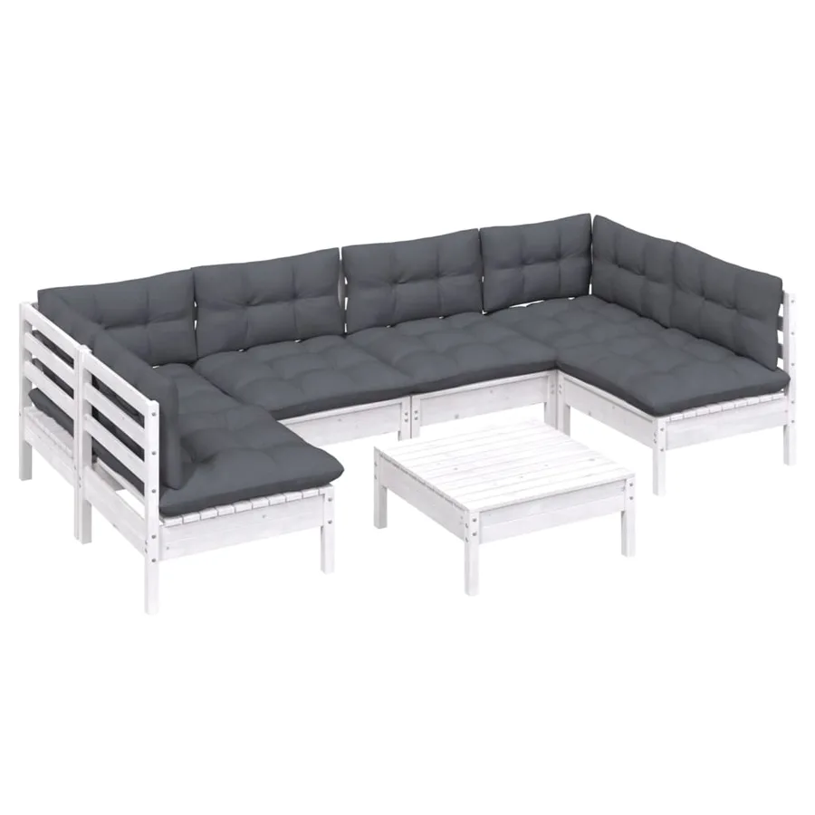 Salon de jardin 7 pcs avec coussins blanc bois de pin massif - 3