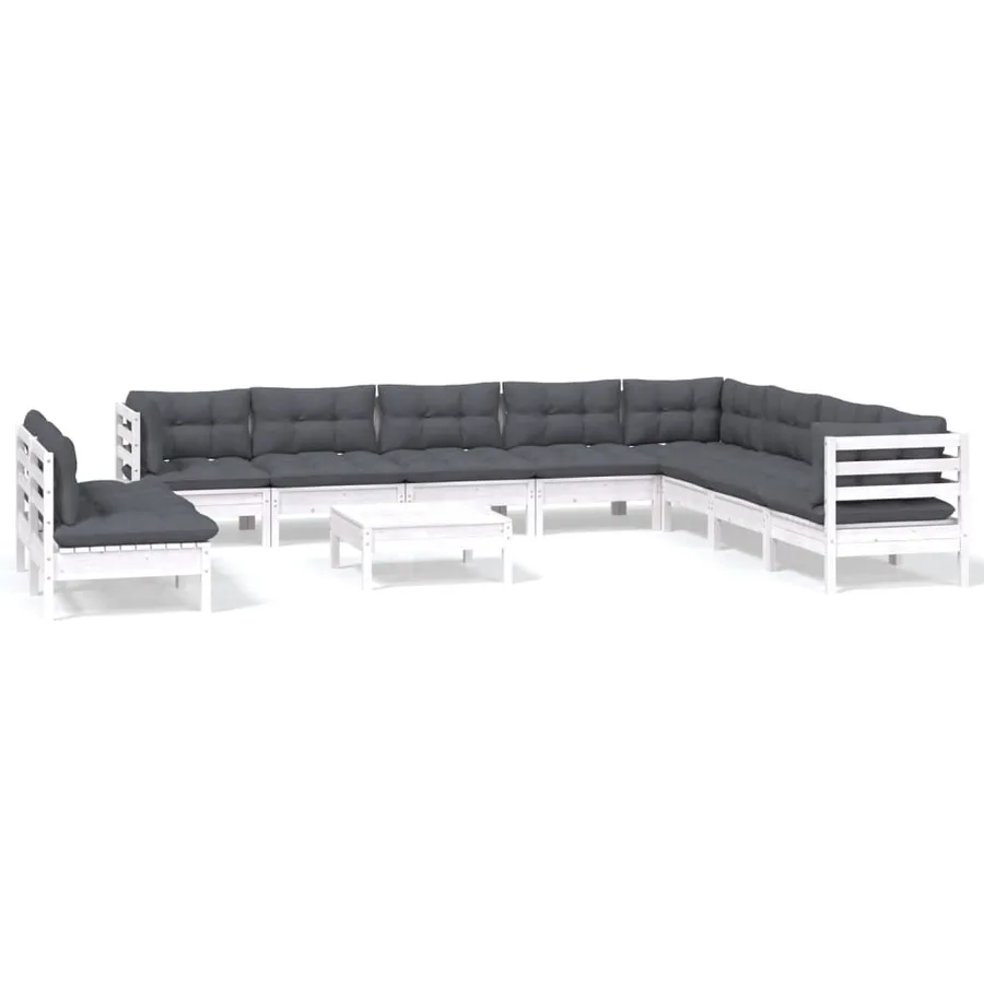 Salon de jardin 11 pcs avec coussins blanc bois de pin solide - 2