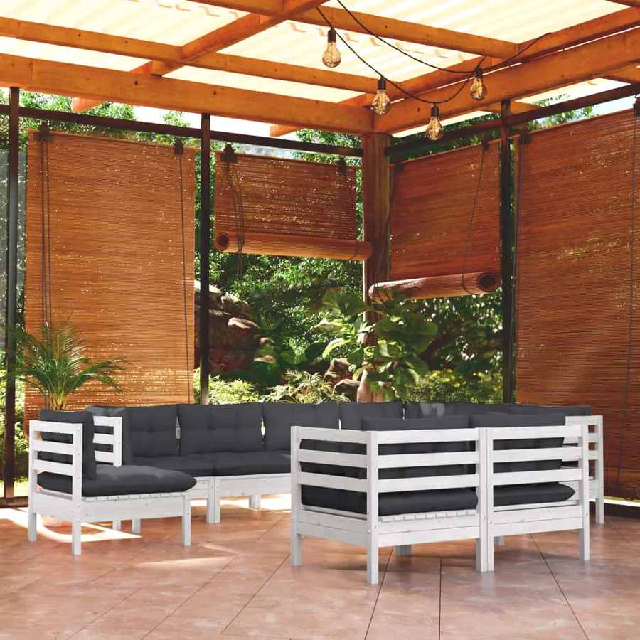 Salon de jardin 9 pcs avec coussins blanc bois de pin massif