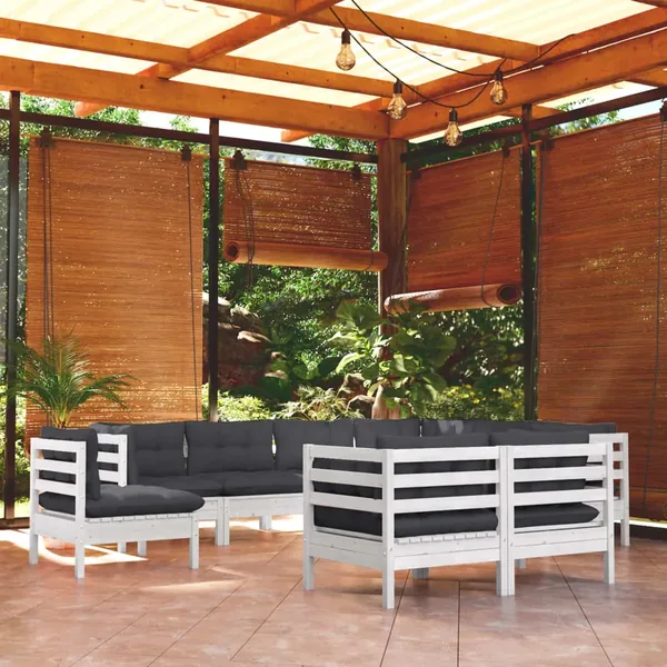 Salon de jardin 9 pcs avec coussins blanc bois de pin massif