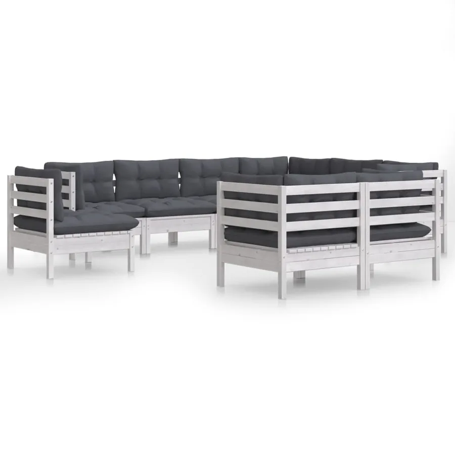 Salon de jardin 9 pcs avec coussins blanc bois de pin massif - 2