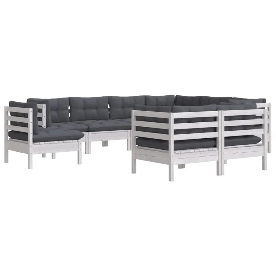 Salon de jardin 9 pcs avec coussins blanc bois de pin massif - 3